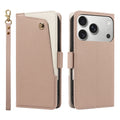 Light-tan pebbled leather smartphone wallet case. The front flap, with its diagonal tan and cream design and gold-tone stud, is on the left next to a matching wrist strap.