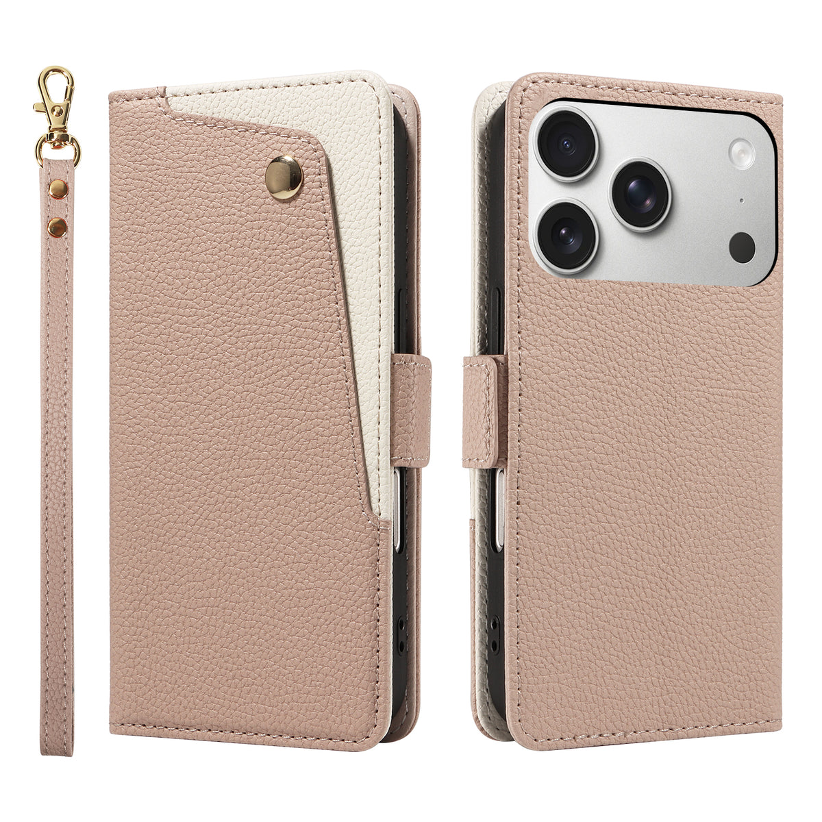 Light-tan pebbled leather smartphone wallet case. The front flap, with its diagonal tan and cream design and gold-tone stud, is on the left next to a matching wrist strap.