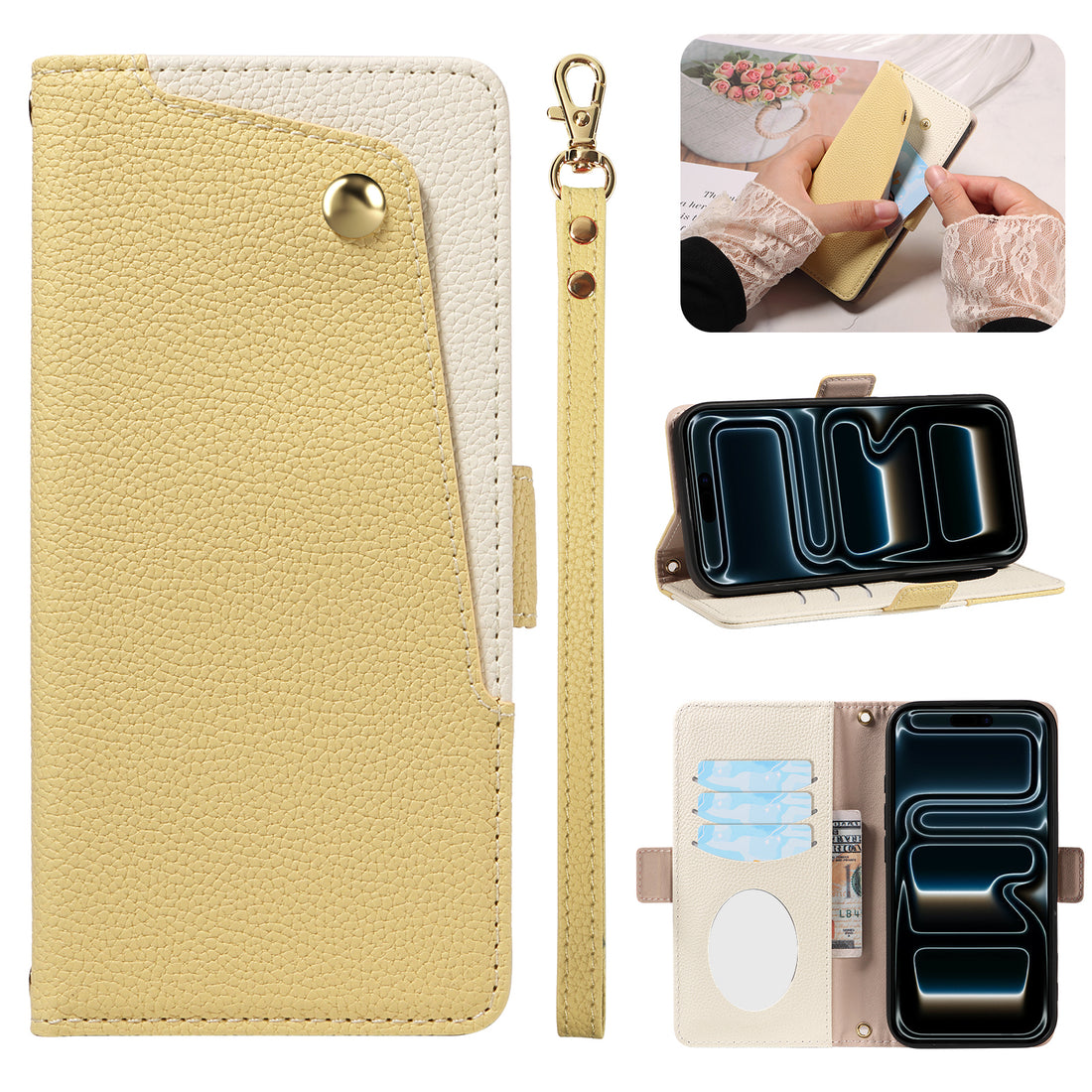 A woman holds a pink pebbled leather smartphone wallet case with its matching wrist strap with ten identical closed flip cases in various colors (purple, blue, taupe, green, orange, black, yellow)