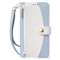 Light blue and off-white two-tone leather zipper wallet phone case with attached wristlet strap for iPhone 17 and 18 series.