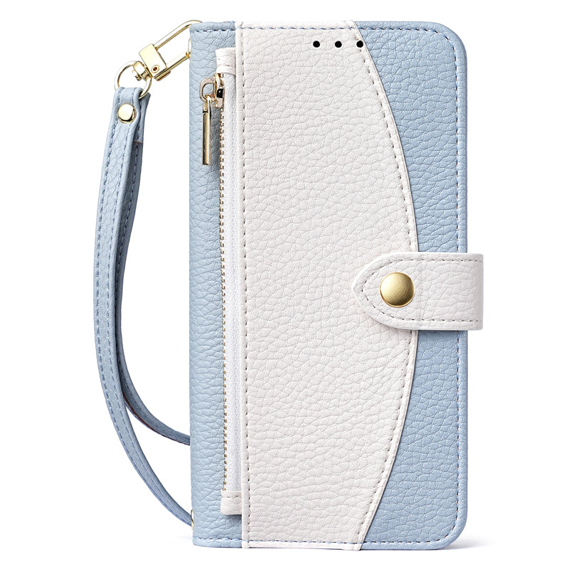Light blue and off-white two-tone leather zipper wallet phone case with attached wristlet strap for iPhone 17 and 18 series.