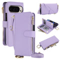 Light lavender purple leather crossbody wallet case for Google Pixel 10 and 9 series featuring complete product views including camera protection, multi-card slot organizer, zippered cash compartment, and adjustable lanyard strap. 