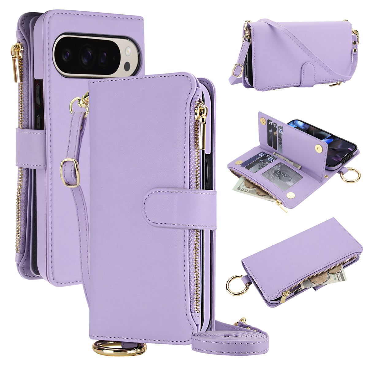 Light lavender purple leather crossbody wallet case for Google Pixel 10 and 9 series featuring complete product views including camera protection, multi-card slot organizer, zippered cash compartment, and adjustable lanyard strap. 
