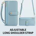 Light blue crossbody phone case showcasing the detachable, length-adjustable shoulder strap design.