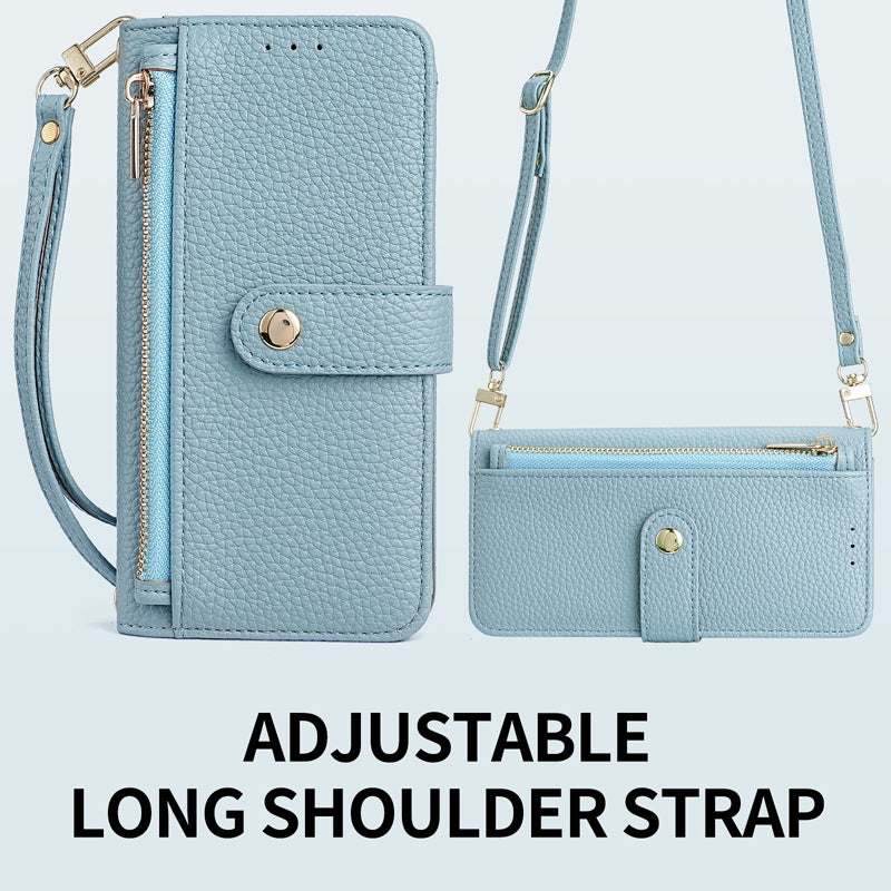 Light blue crossbody phone case showcasing the detachable, length-adjustable shoulder strap design.