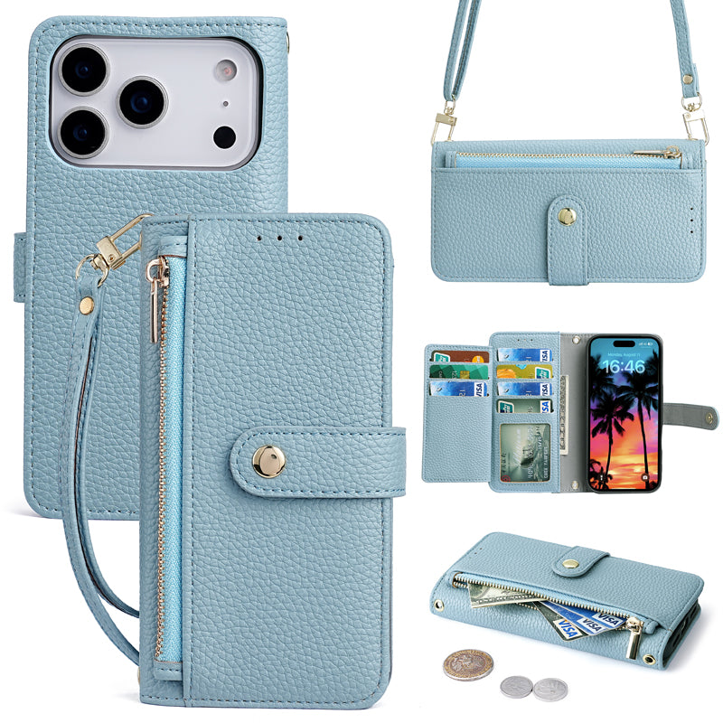 Light blue crossbody phone case showcasing the detachable, length-adjustable shoulder strap design.