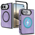 Light lavender magnetic leather case for iPhone DUO shown open and folded alongside wireless charging pass-through demonstration. 
