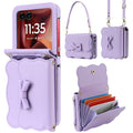 Light lavender purple bow knot leather wallet case for Motorola RAZR showcasing dual carry straps, outer screen bezel, and open RFID credit card holder.
