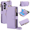 Light lavender purple leather crossbody wallet case for Samsung Galaxy A-series showing front flap cover, back camera protection, top gold ring hook, open card slots, and zippered purse.