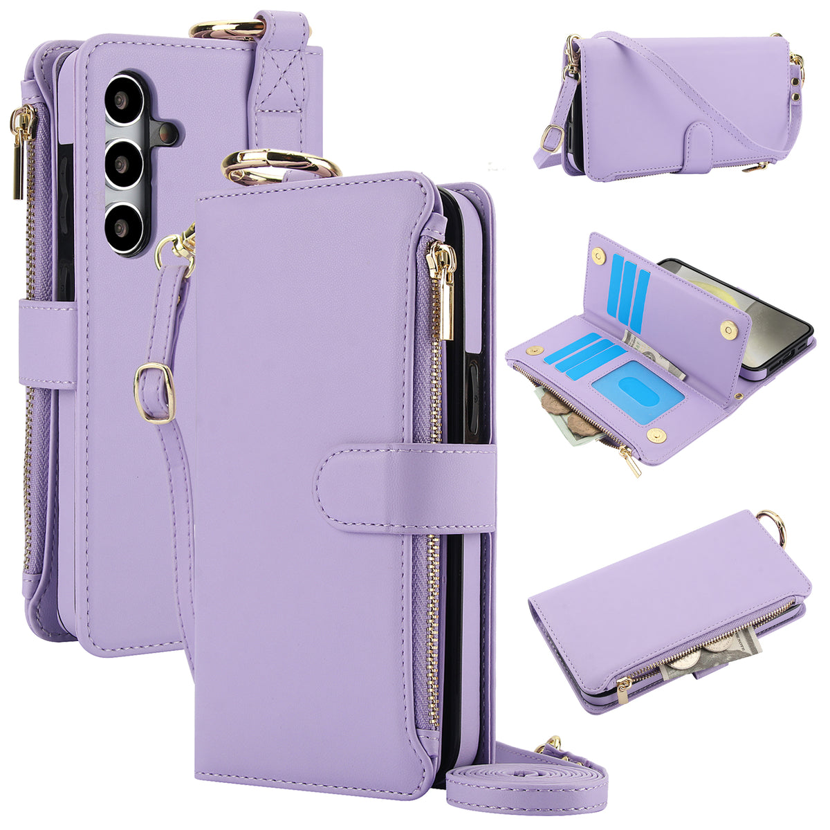 Light lavender purple leather crossbody wallet case for Samsung Galaxy A-series showing front flap cover, back camera protection, top gold ring hook, open card slots, and zippered purse.
