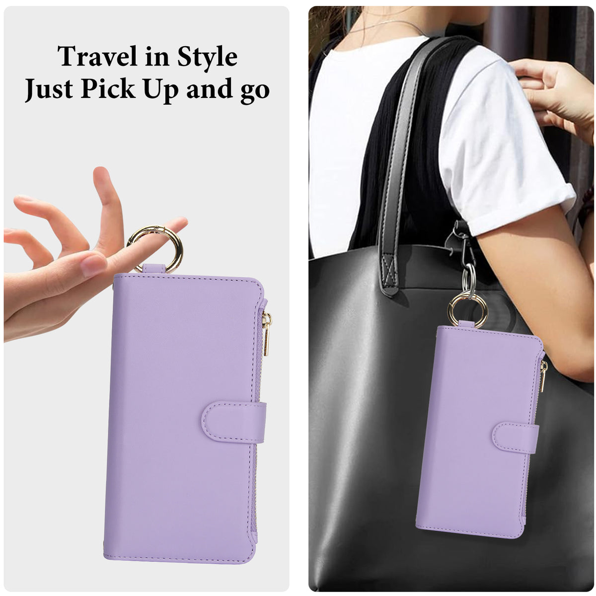 Light lavender purple leather wallet case for Samsung Galaxy A57 A56 A55 held by single ring hook and attached to a handbag for travel convenience.
