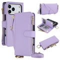 Light lavender purple leather wallet phone case composite featuring a rear camera opening, an adjustable crossbody strap, and an open view showing card slots and a cash compartment with money.