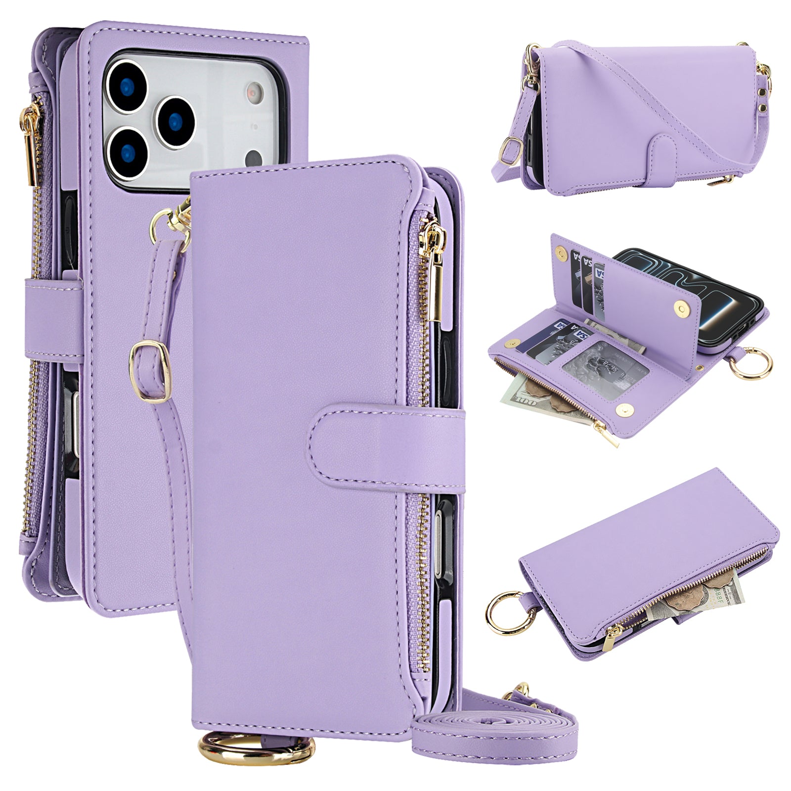 Light lavender purple leather wallet phone case composite featuring a rear camera opening, an adjustable crossbody strap, and an open view showing card slots and a cash compartment with money.