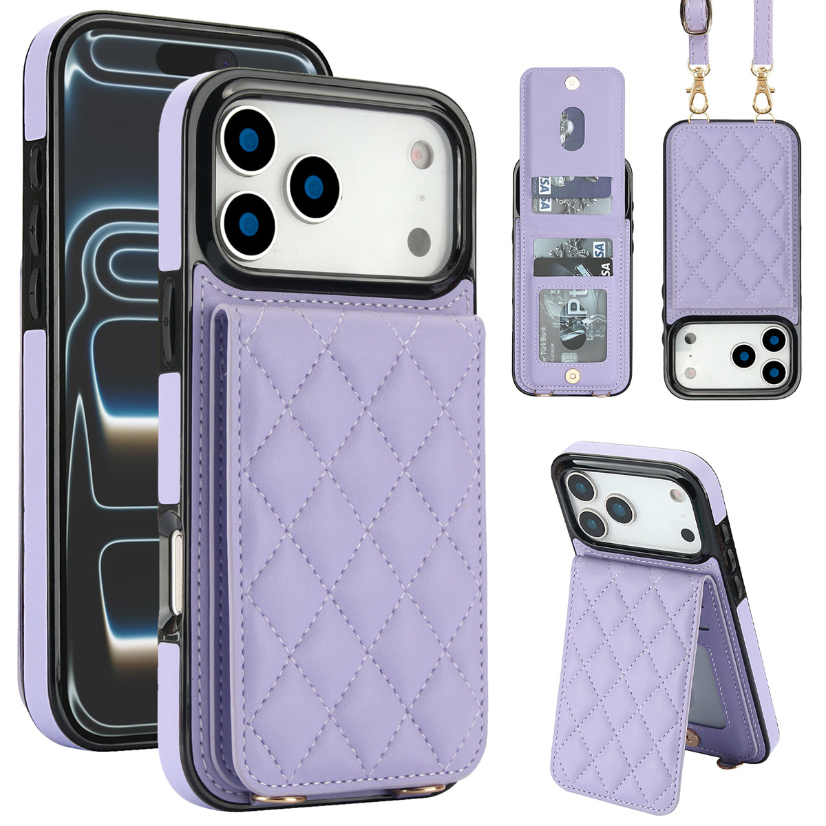 Light lavender purple quilted leather wallet case highlighting card storage compartment, kickstand support, and crossbody lanyard loops.