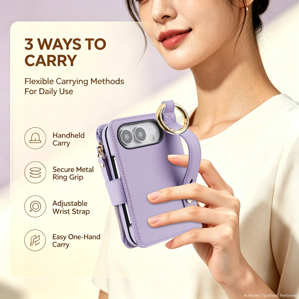 Light purple iPhone DUO case demonstrating 3 ways to carry with secure gold metal ring grip and wrist strap