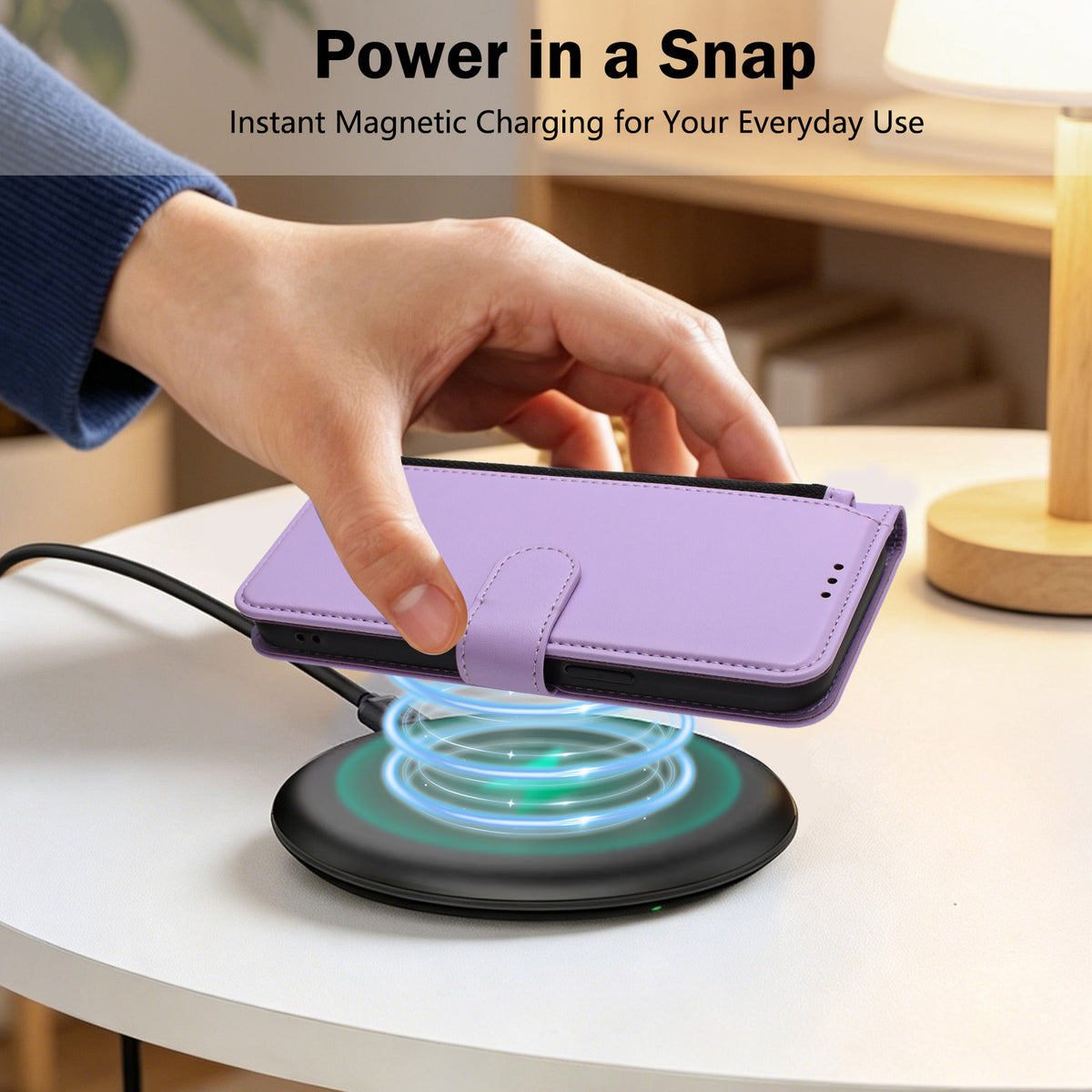 Light purple lavender Motorola Moto G Play 5G leather wallet case resting on a wireless charging pad illustrating instant magnetic wireless power support.