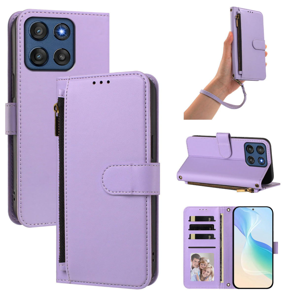 Light purple lavender Motorola Moto G Power 5G leather case set featuring camera cutout, wrist strap, desktop kickstand, and open card folio layout
