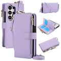Light purple leather RFID crossbody wallet phone case for Samsung Galaxy S26 Ultra with integrated card slots, zipper purse, and strap