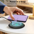 Light purple leather flip cover case for Samsung Galaxy resting on a Qi wireless charger pad showing instant magnetic wireless charging compatibility.
