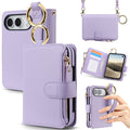 Light purple leather iPhone DUO wallet case displaying open card slots, side zipper pouch, gold top ring, and hand strap handle