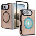 Light rose gold magnetic leather case for iPhone DUO shown from open and folded angles with graphic overlay demonstrating fast wireless charging alignment.