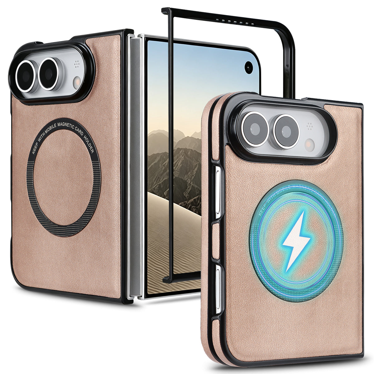 Light rose gold magnetic leather case for iPhone DUO shown from open and folded angles with graphic overlay demonstrating fast wireless charging alignment.