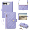 Lilac purple iPhone DUO quilted leather wallet case with adjustable shoulder strap and camera cutouts