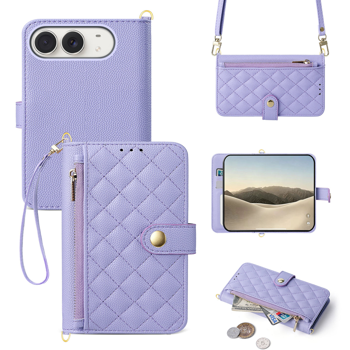 Lilac purple iPhone DUO quilted leather wallet case with adjustable shoulder strap and camera cutouts