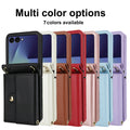 Lineup of 7 color options including black, white, brown, red, rose gold, blue, and purple leather crossbody cases for Samsung Galaxy Z Flip.