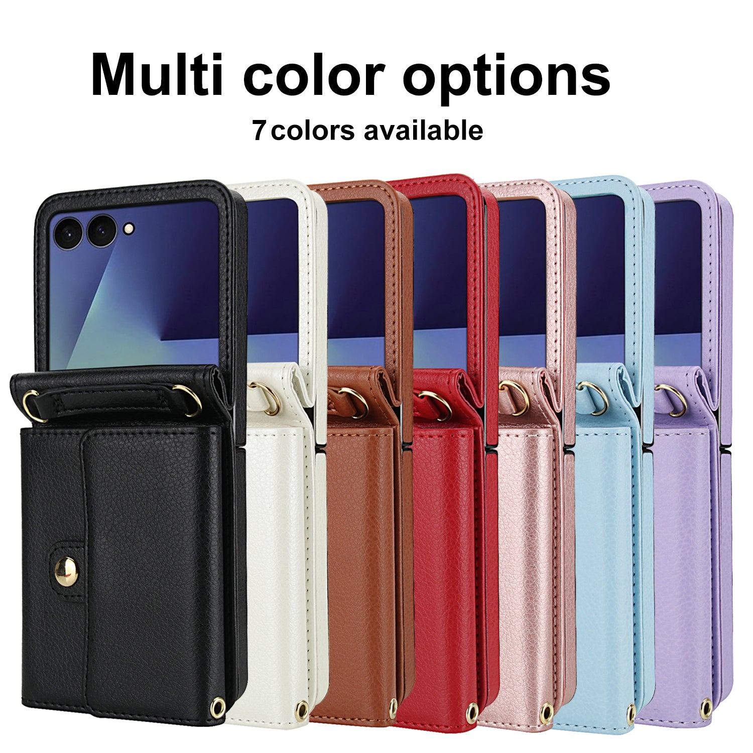 Lineup of 7 color options including black, white, brown, red, rose gold, blue, and purple leather crossbody cases for Samsung Galaxy Z Flip.