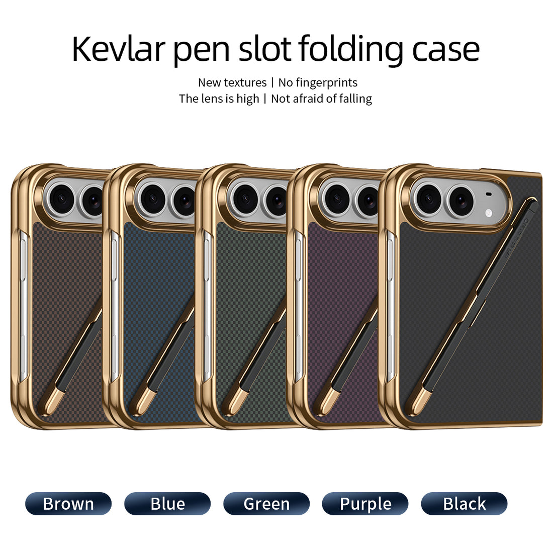 Lineup of Kevlar pen slot folding cases for iPhone DUO displayed in 5 colors Brown, Blue, Green, Purple, and Black, featuring gold electroplated frames and rear stylus pens.