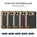 Lineup of Kevlar pen slot folding cases for iPhone DUO displayed in 5 colors Brown, Blue, Green, Purple, and Black, featuring gold electroplated frames and rear stylus pens.