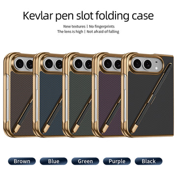 Lineup of Kevlar pen slot folding cases for iPhone DUO displayed in 5 colors Brown, Blue, Green, Purple, and Black, featuring gold electroplated frames and rear stylus pens.