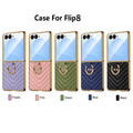 Luxury chevron leather ring cases for Samsung Galaxy Z Flip 8 in Purple, Soft Pink, Olive Green, Navy Blue, and Black with electroplated gold frames