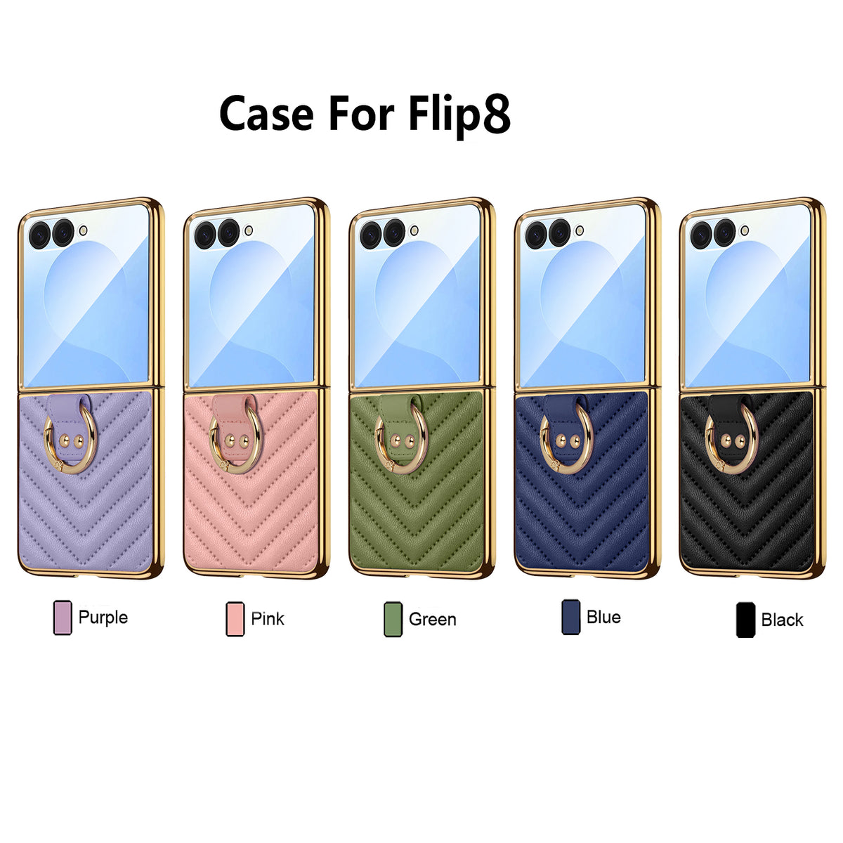 Luxury chevron leather ring cases for Samsung Galaxy Z Flip 8 in Purple, Soft Pink, Olive Green, Navy Blue, and Black with electroplated gold frames