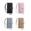 Luxury woven leather crossbody phone wallet case available in Pastel Pink, Sky Blue, Black, and Warm Beige. for iPhone 18 and 17 series.