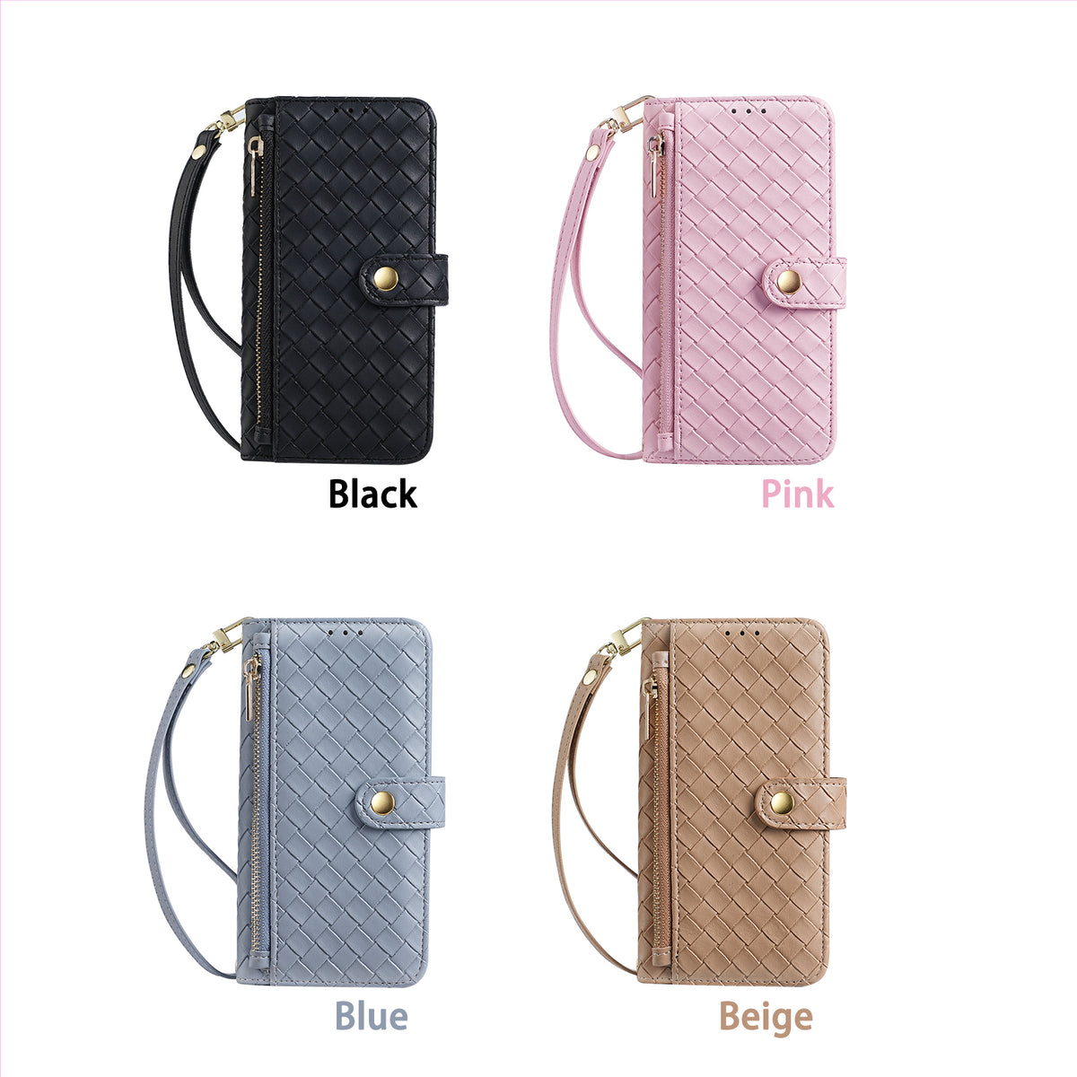 Luxury woven leather crossbody phone wallet case available in Pastel Pink, Sky Blue, Black, and Warm Beige. for iPhone 18 and 17 series.
