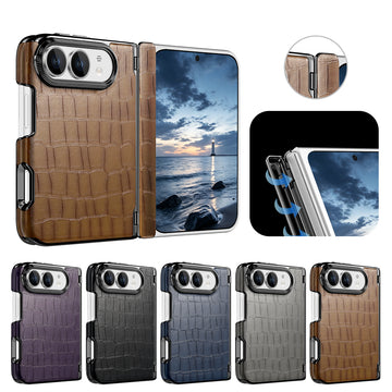 Luxury crocodile pattern vegan leather case for Apple iPhone DUO shown open with display screen and closed featuring dual-axis hinge protection.