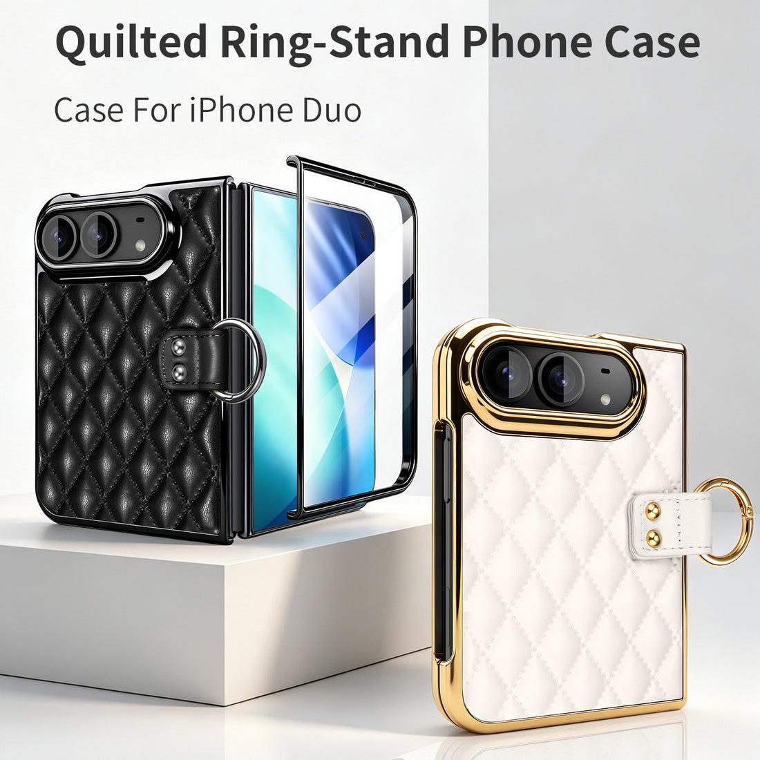 Luxury quilted leather ring-stand phone case for iPhone DUO featuring black and white color options with electroplated gold frame and integrated screen protector