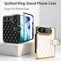 Luxury quilted leather ring-stand phone case for iPhone DUO featuring black and white color options with electroplated gold frame and integrated screen protector