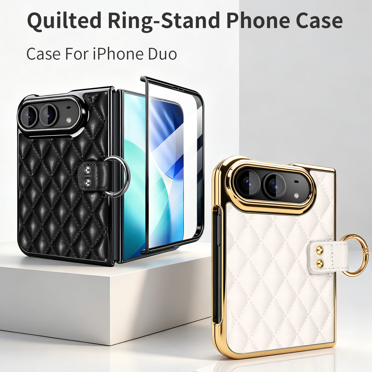 Luxury quilted leather ring-stand phone case for iPhone DUO featuring black and white color options with electroplated gold frame and integrated screen protector