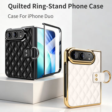 Luxury quilted leather ring-stand phone case for iPhone DUO featuring black and white color options with electroplated gold frame and integrated screen protector