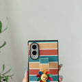 Isolated back view of retro rainbow striped leather case with colorful smiley flower strap band for Samsung Galaxy Z Fold