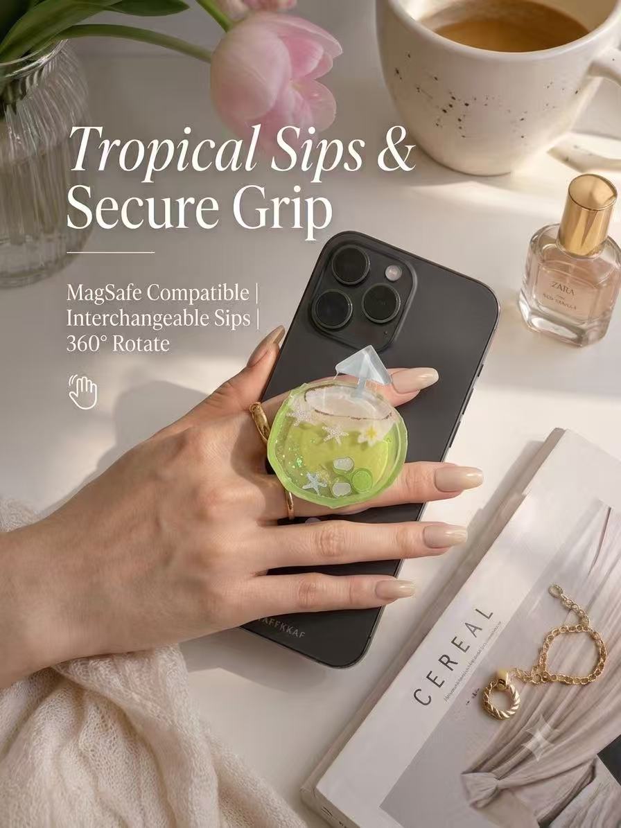 MagSafe compatible tropical coconut drink liquid shaker phone grip attached to phone case with floating starfish charms