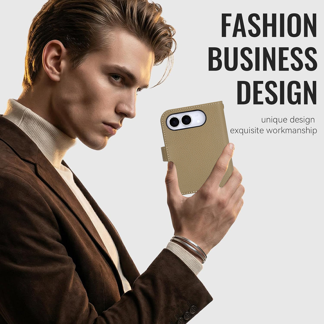Group view of RFID leather wallet cases for iPhone Duo shown in Black, Dark Purple, Tan Brown, and Khaki Beige