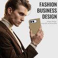 Man holding Khaki Beige leather folio case for iPhone Duo showing camera lens cutout