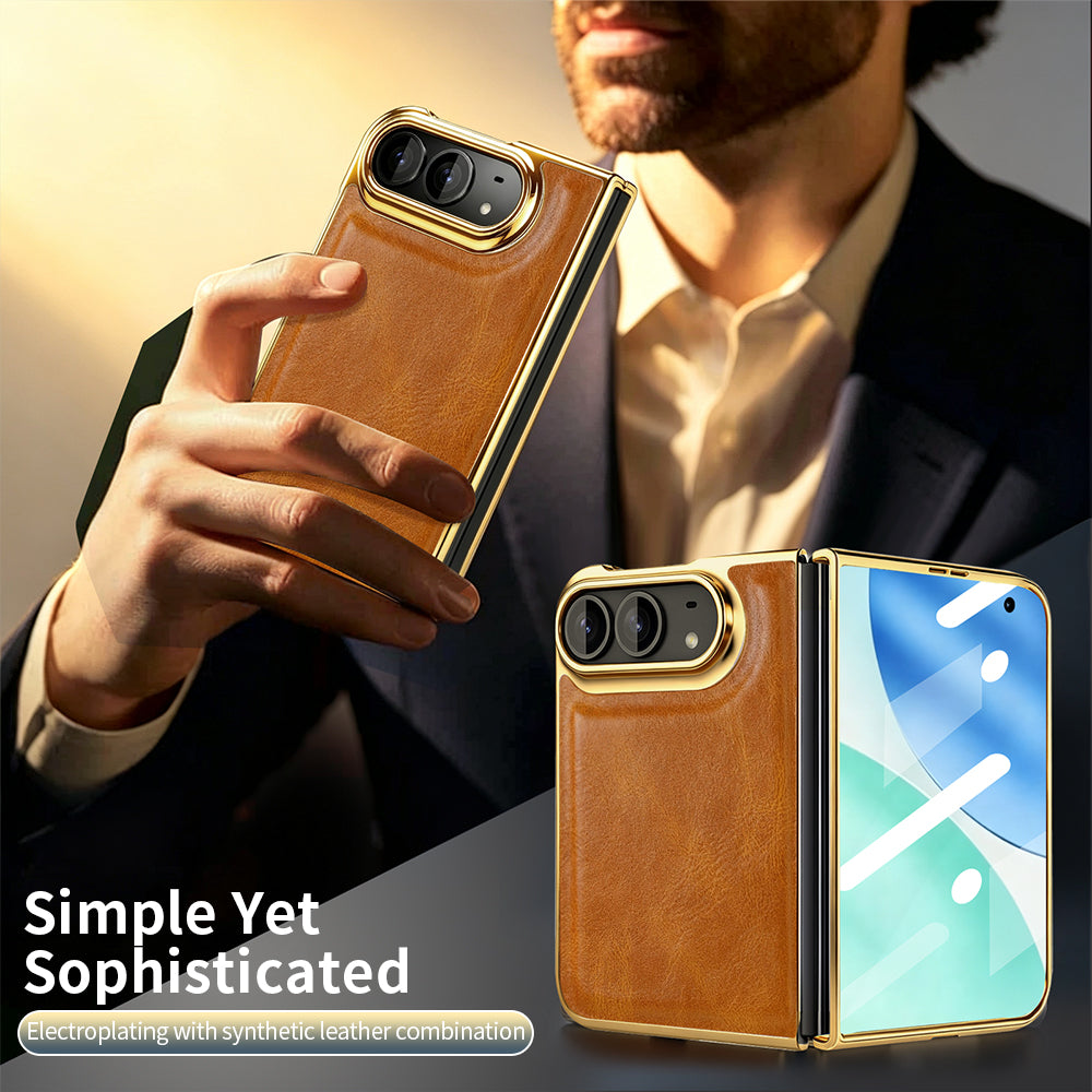 Man holding tan luxury leather iPhone DUO case showing sleek design and folded screen view