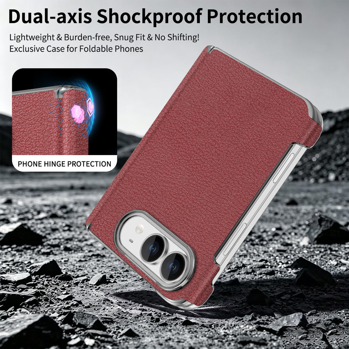 Maroon premium vegan leather case for Apple iPhone DUO featuring dual-axis shockproof hinge protection