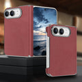 Maroon red vegan leather dual-hinge case for Apple iPhone DUO standing open next to closed phone view.