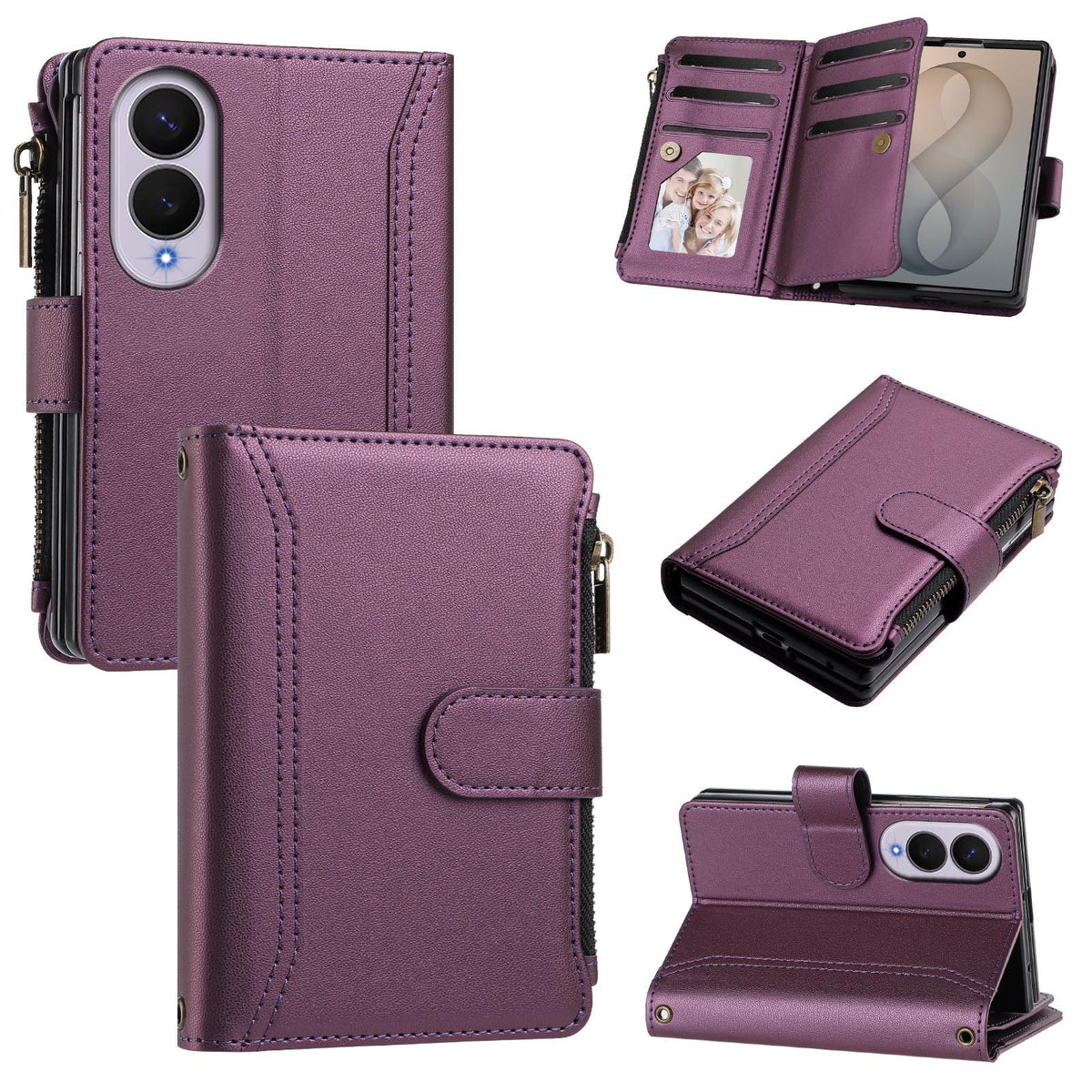 Metallic purple leather wallet case for Samsung Galaxy Z Fold 8 displaying closed front cover, back camera protection, inner card organizer, cash zipper pocket, and kickstand.